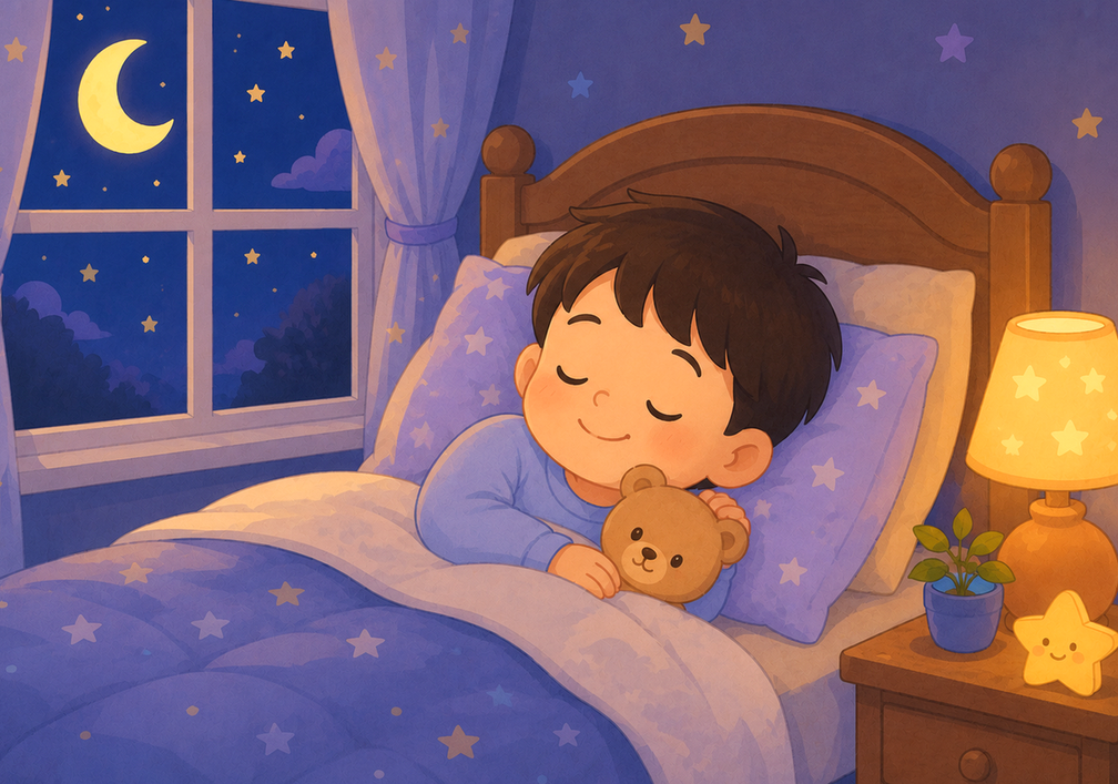 울산 성장 – 아이가 밤에 곰인형을 안고 잠든 모습