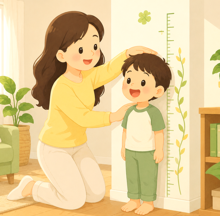 울산 성장 – 엄마가 벽 키재기 눈금에 아이의 키를 재는 모습