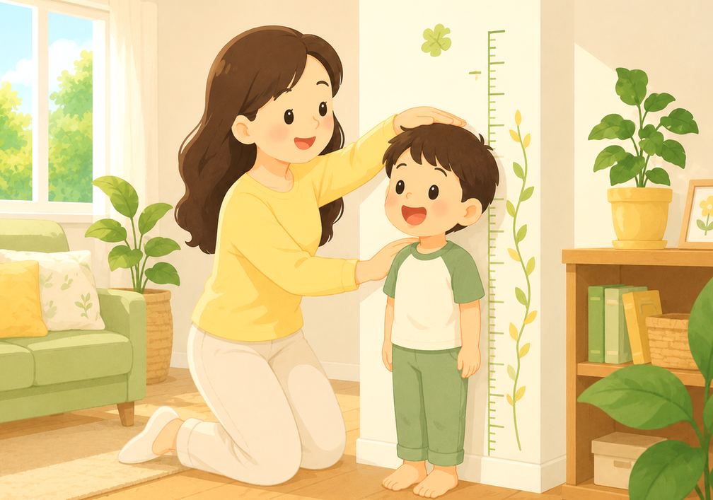 울산 성장 – 엄마가 벽 키재기 눈금에 아이의 키를 재는 모습