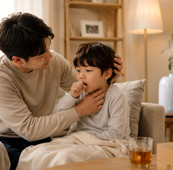 울산 후비루 – 아빠가 목을 만지는 아이를 다독이며 살펴보는 모습