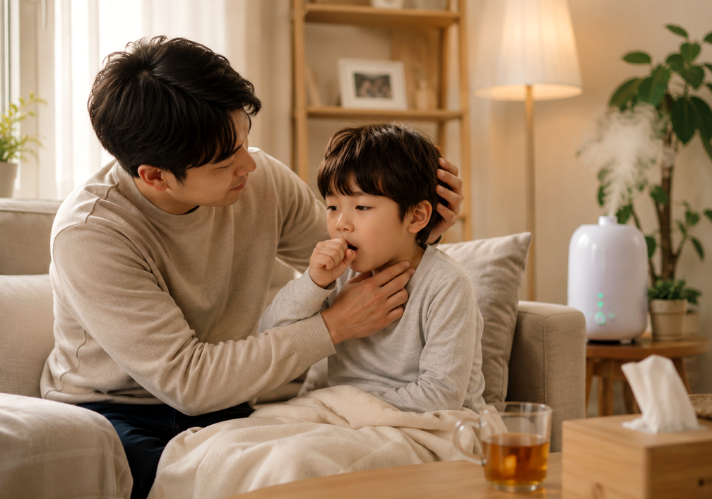 울산 후비루 – 아빠가 목을 만지는 아이를 다독이며 살펴보는 모습