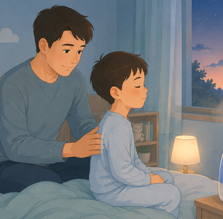 울산 소아천식 – 밤 침실 침대에서 아빠가 아이 등을 쓸어 주고 가습기가 김을 내뿜는 모습
