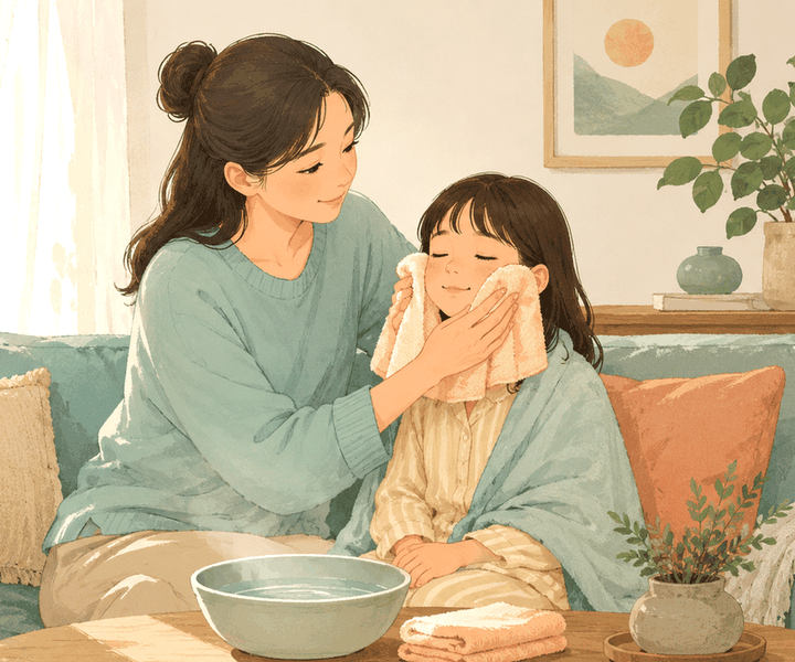 울산 아이누리한의원 축농증 칼럼, 소파에서 따뜻한 수건으로 아이 얼굴을 감싸주는 엄마