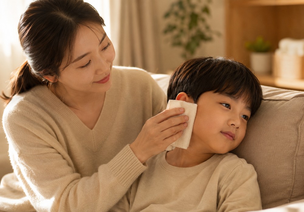 귀와 코가 이관으로 이어진 구조를 설명하는 소아 중이염 관리 장면
