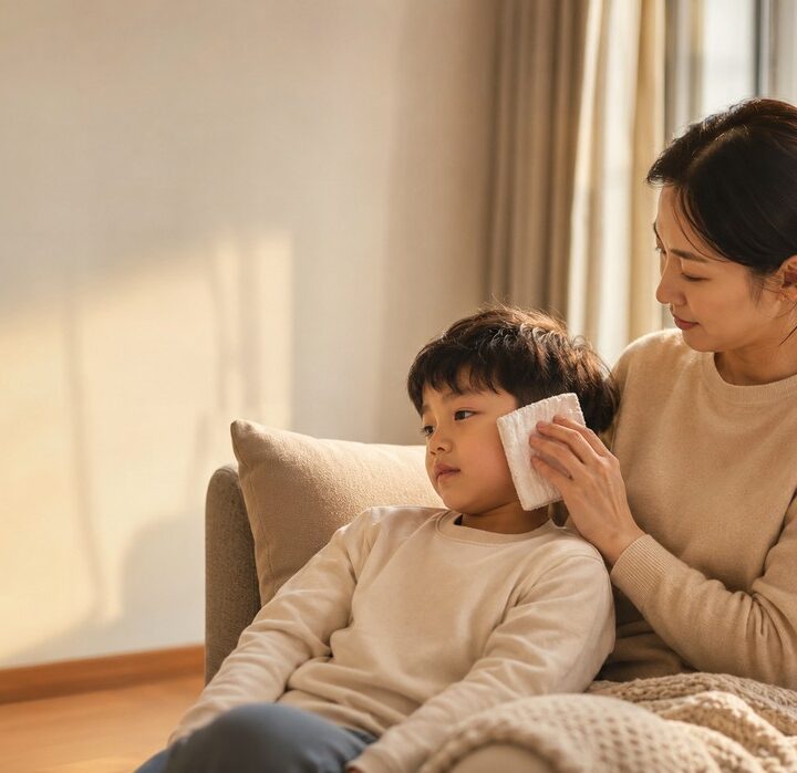 울산 중이염 – 엄마가 부드러운 수건으로 아이의 귀 주변을 닦아주는 장면