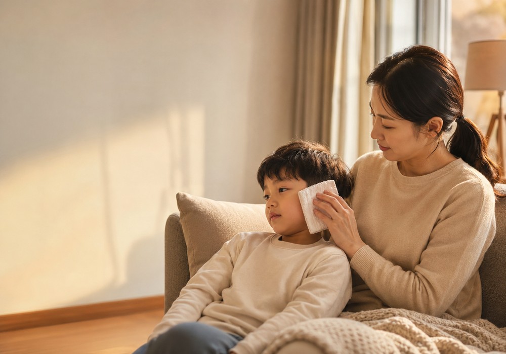 울산 소아 중이염 — 감기 끝에 귀를 만지며 보채는 아이를 살피는 엄마