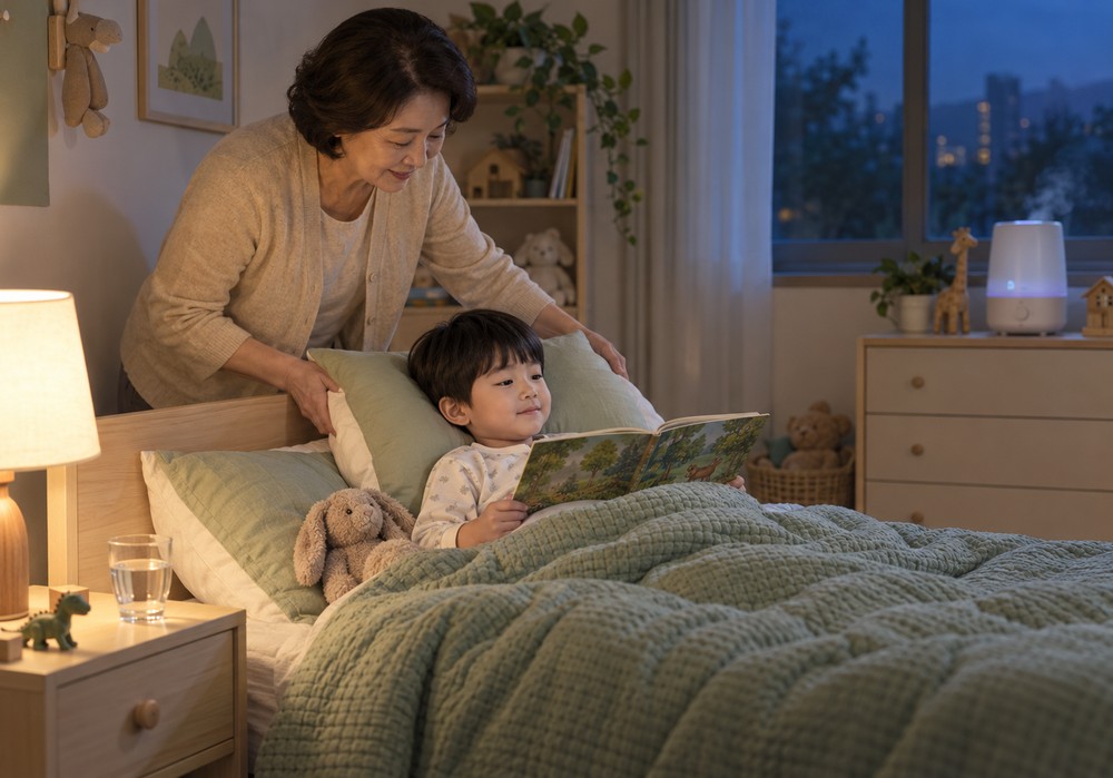 밤 침실에서 베이지 가디건을 입은 할머니가 남자아이에게 이불을 덮어주고, 아이가 그림책을 보는 모습