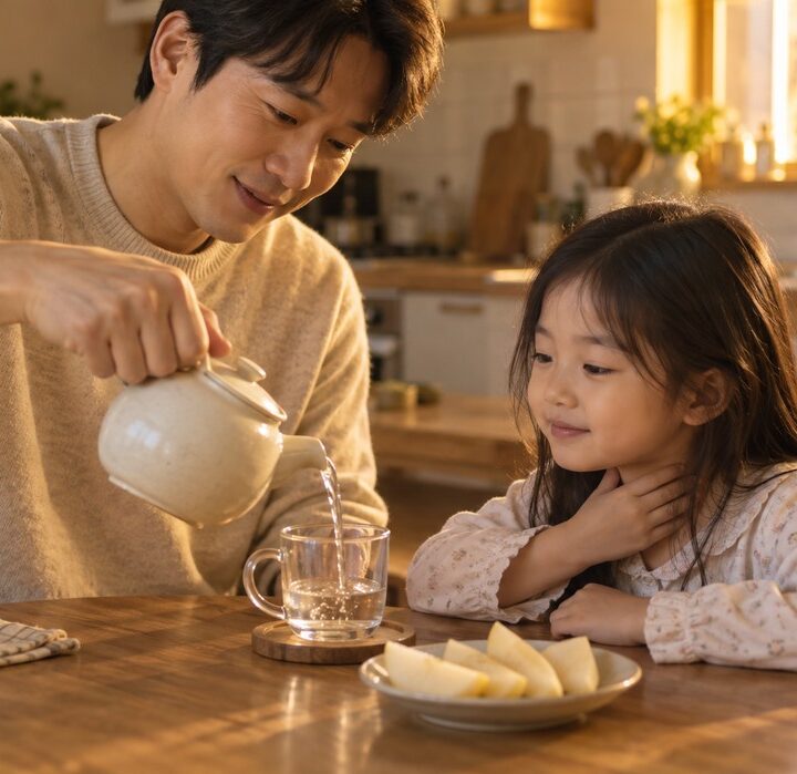 낮 주방 식탁에서 베이지 니트를 입은 아빠가 주전자로 따뜻한 물을 컵에 따르고, 꽃무늬 상의 여자아이가 목을 만지며 지켜보는 모습