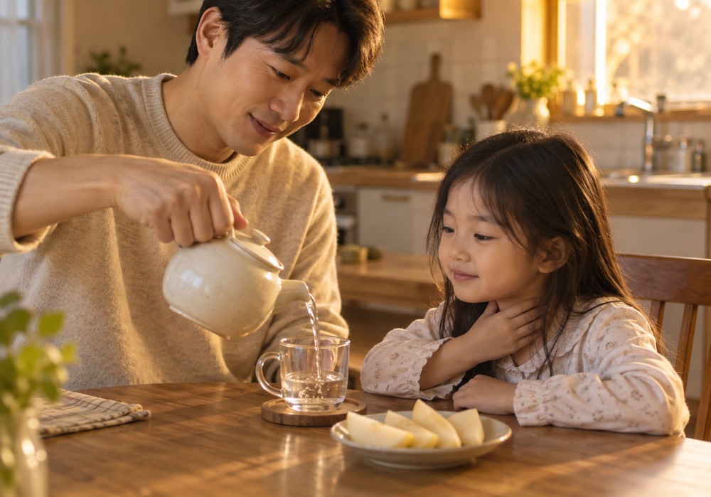 낮 주방 식탁에서 베이지 니트를 입은 아빠가 주전자로 따뜻한 물을 컵에 따르고, 꽃무늬 상의 여자아이가 목을 만지며 지켜보는 모습