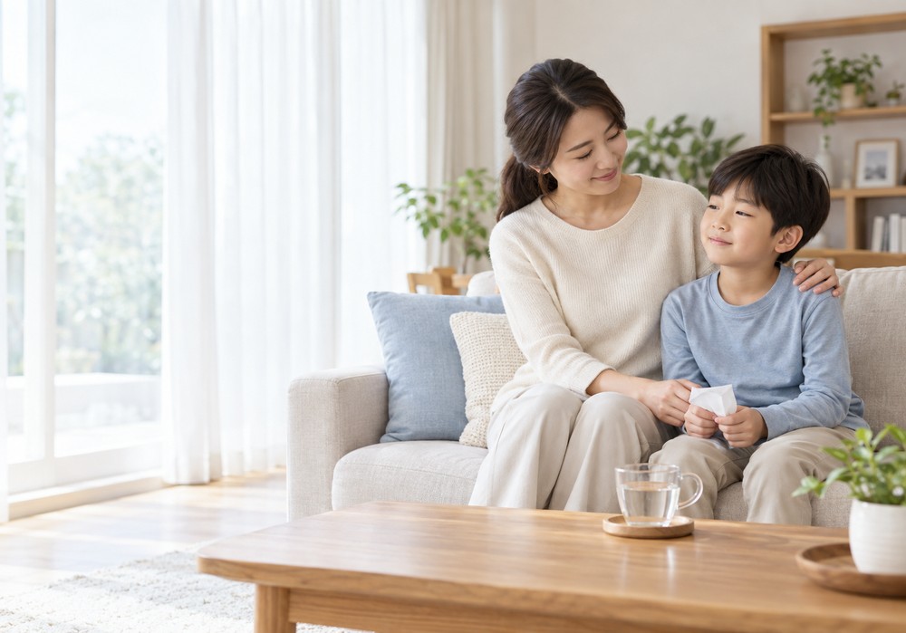 낮 거실 소파에서 아이보리 니트를 입은 엄마가 파란 상의 남자아이의 어깨를 감싸고, 아이가 손수건을 쥐고 있는 모습