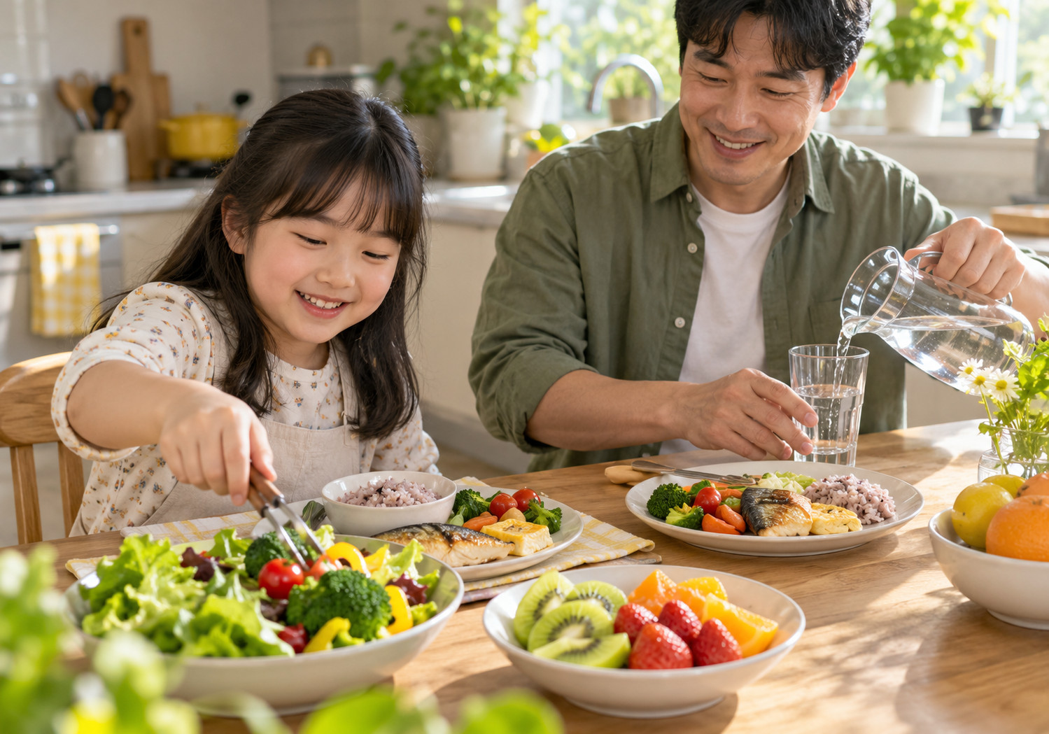 울산 소아비만 성조숙증 – 아빠와 여자아이가 생선과 채소, 과일이 차려진 식탁에서 함께 식사하는 장면