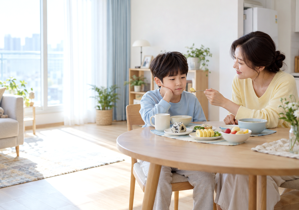 울산 식욕부진한의원 진료, 아이의 혀와 얼굴빛을 살피는 모습