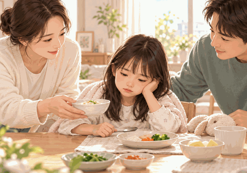 아프고 난 뒤 입맛이 떨어진 아이에게 죽을 권하는 엄마 일러스트