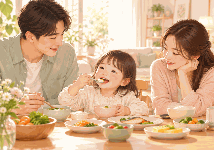입맛이 돌아와 가족과 함께 즐겁게 식사하는 아이 일러스트