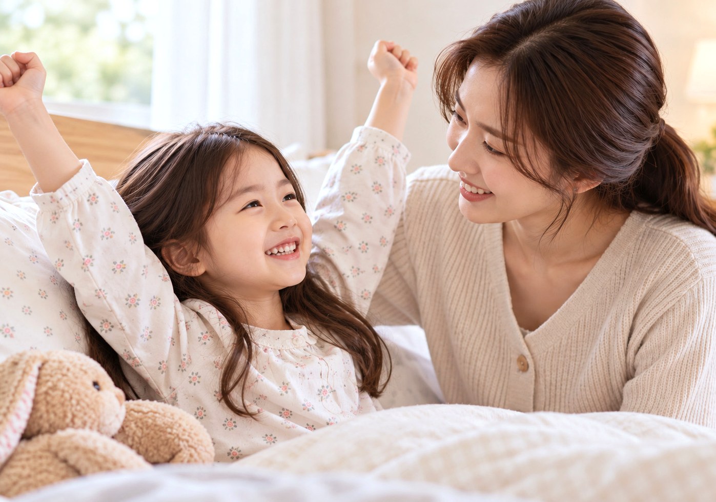 울산알레르기비염한약 진료 후 보호자와 밝게 웃는 아이