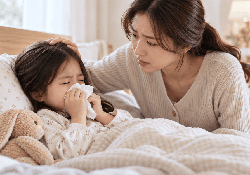 울산알레르기비염한약 상담을 위해 코가 막혀 불편해하는 아이를 살피는 보호자